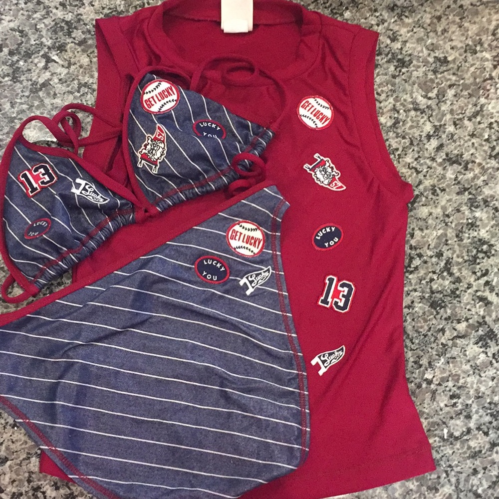 Lucky Brand baseball Bikini and rashguard Sz Small